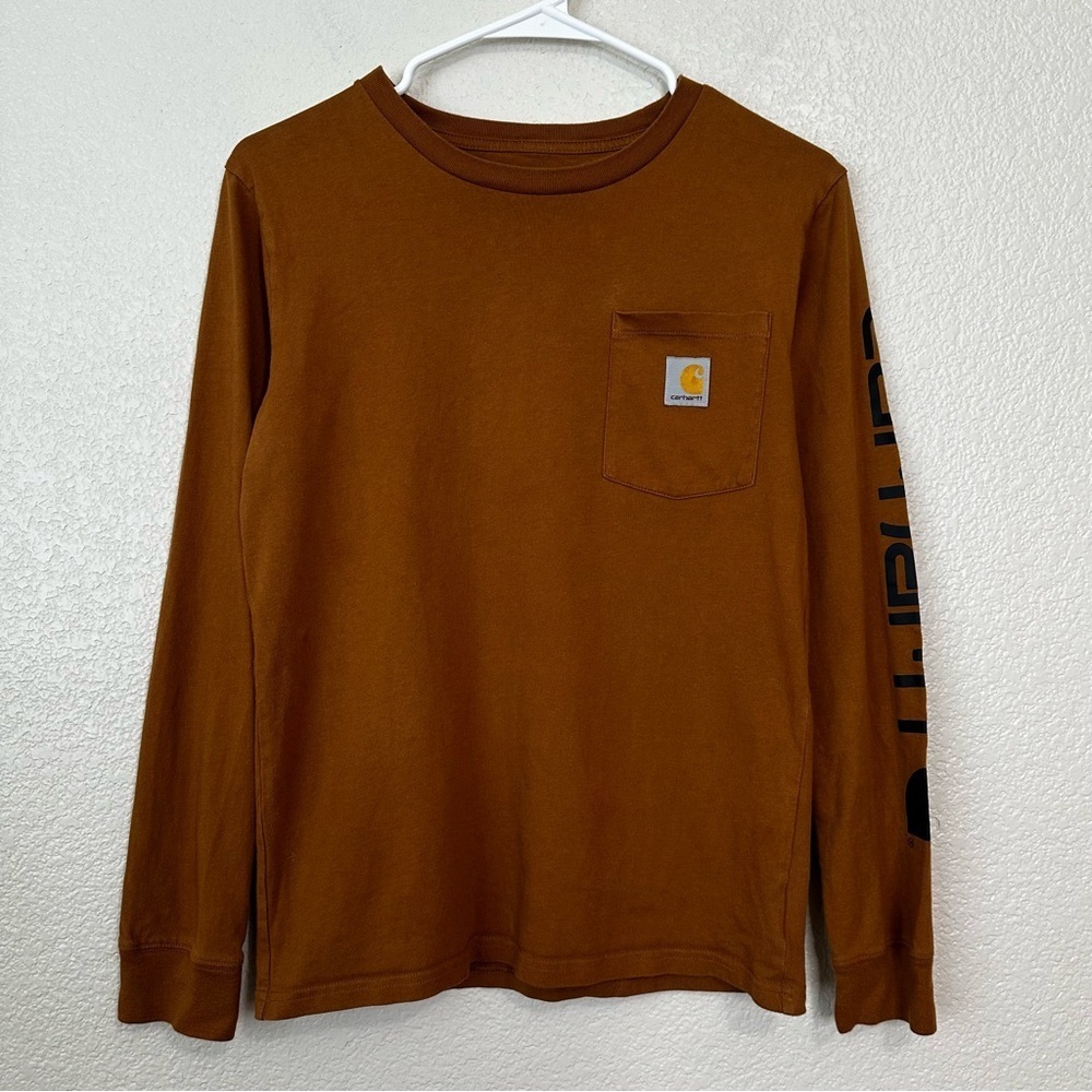 Carhartt Boys Size 14-16 Brown Logo Long Sleeves Crewneck Pocket T-Shirt